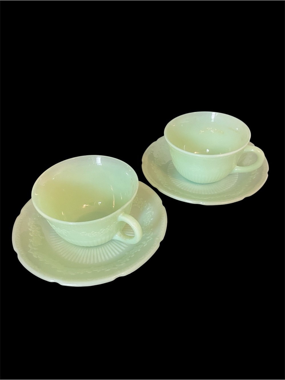 Vintage Anchor Hocking Jadeite Cups & Saucers Alice Pattern Set of 2